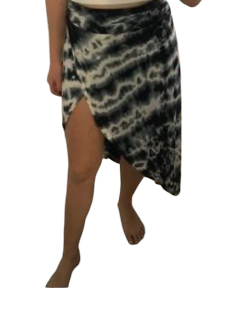 Dakini Tie Dye Tulip Maxi Skirt
Black Gray White Crossover Hem
Stretch SZ S